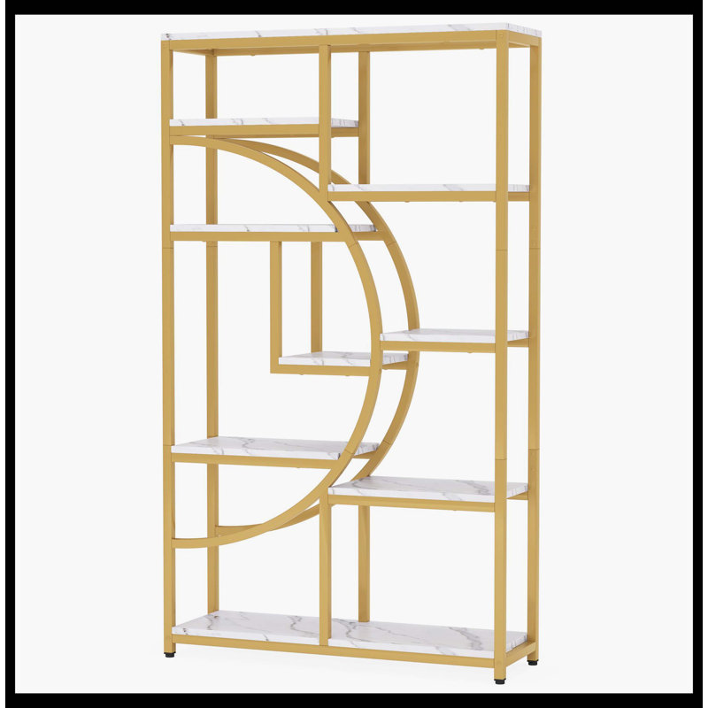 Étagère autoportante avec étagère de 68,9 po et 9 tablettes ouvertes, Blanc / Doré