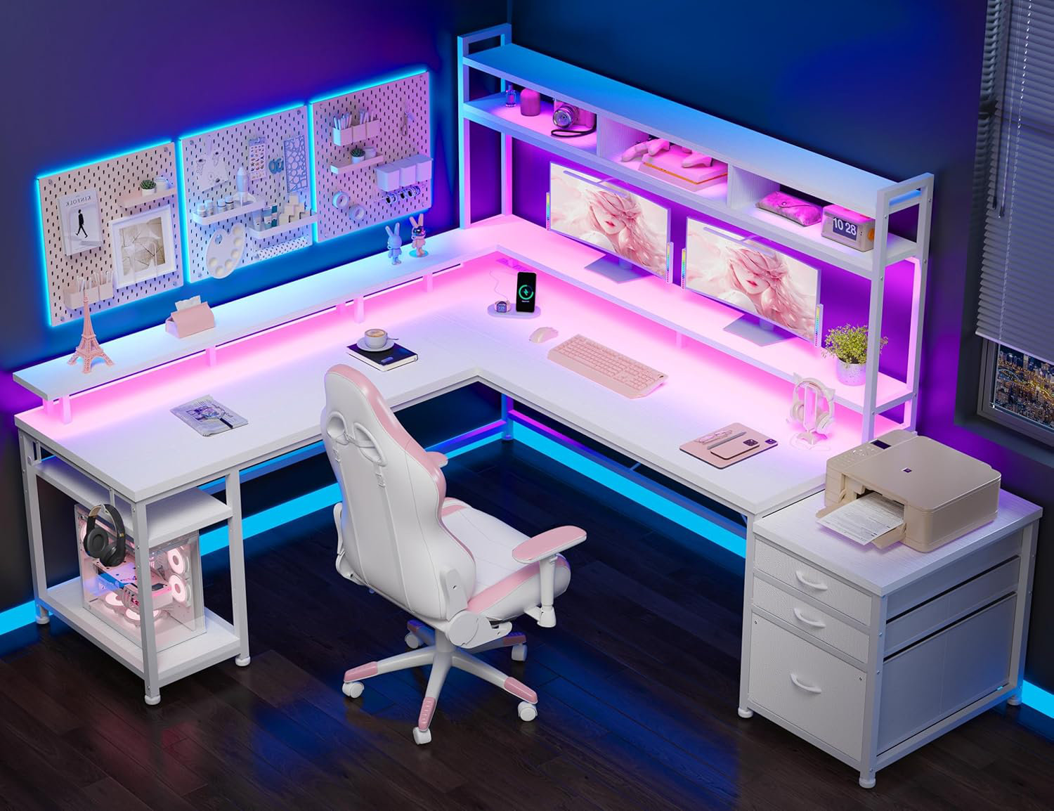 Brayden Studio L Shaped Gaming Desk with LED Lights, Sturdy Reversible
