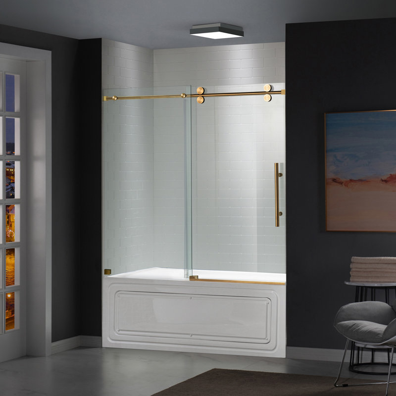 Frameless Bathtub Shower Doors 56-60" Width X 66" Height With 5/16"(8Mm) Clear Tempered Glass,  Single Sliding With Side Seal Strips