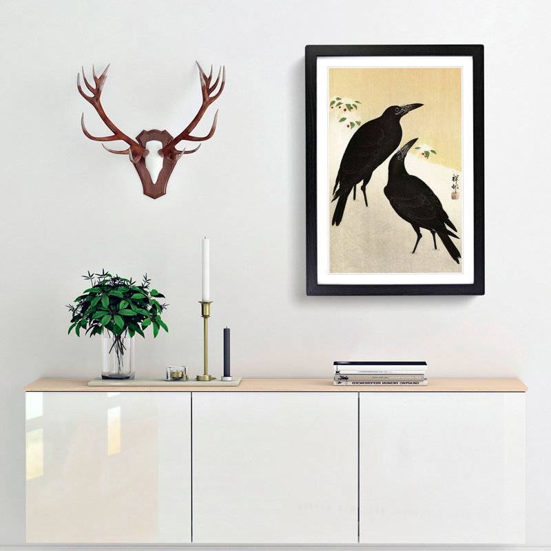 Crows in the Snow by Ohara Koson - Picture Frame Painting Print, Black Framed, 48cm H x 36cm W x 2cm D