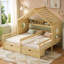 Lit pour enfants avec deux lits côte à côte, cadre de lit House avec 4 compartiments de bibliothèque et 2 tiroirs de rangement sous le lit-134370789