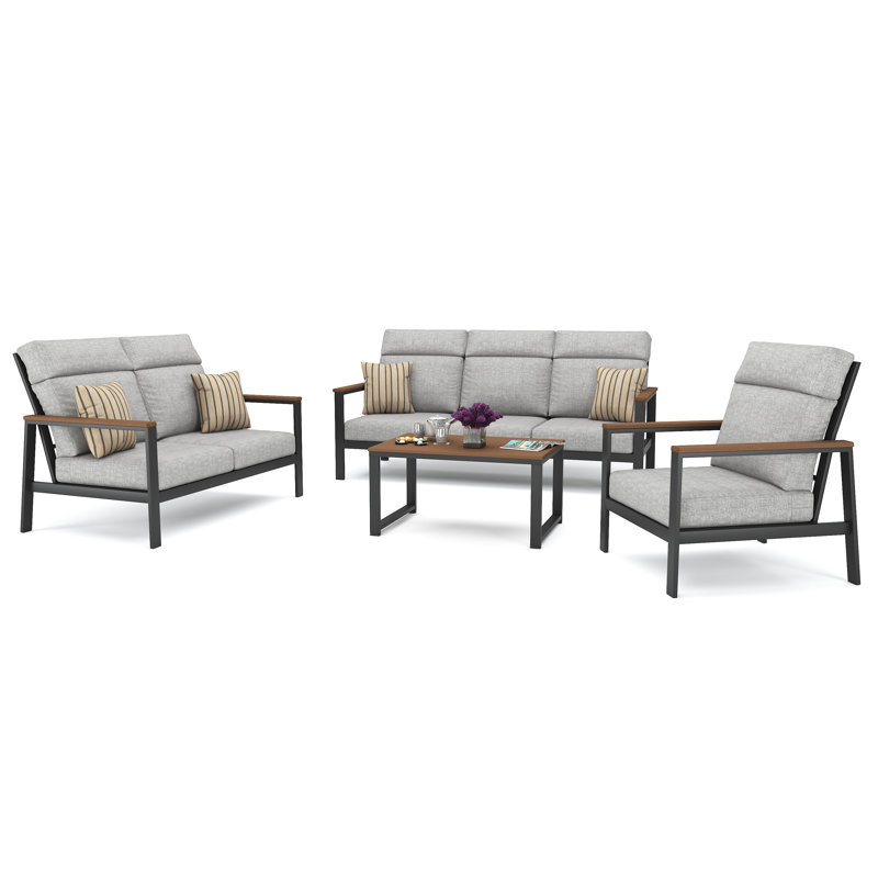 Syren 4 Person Seating Group With Sunbrella Cushions, Canvas Granite, Dark Gray/Brown