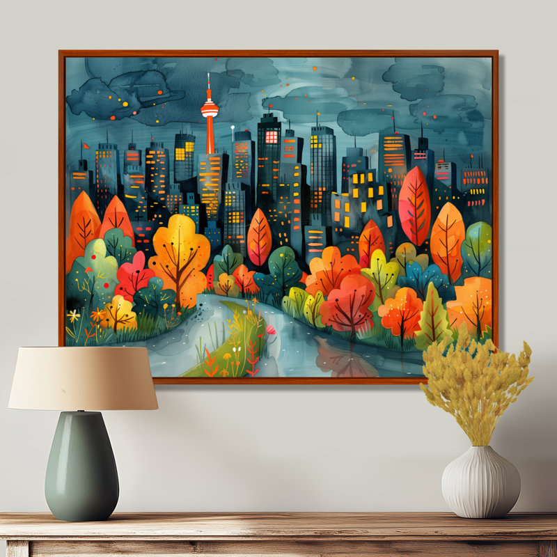 «Orange Orange Toronto Cityscape At Spring I - City Toronto», reproduction d'art murale, Cadre flottant brun