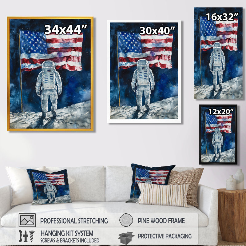 Drapeau des États-Unis sur la lune, atterrissage III - art mural, Noir, Impression encadrée flottante, H 20 po x l 12 po
