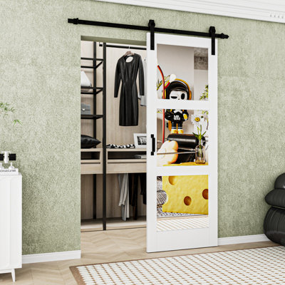 Double-sided  Glass Mirror and Solid Manufactured Wood Sliding Barn Door with Installation Hardware Kit