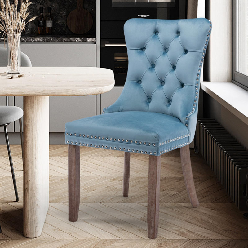 High-end Tufted Velvet Upholstered Nailhead Dining Chair, Light Blue, Light Brown