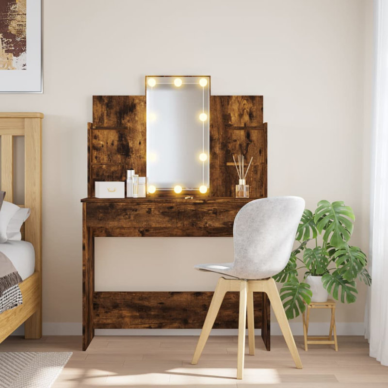 Micsunel Dressing Table with Mirror, Smoked Oak