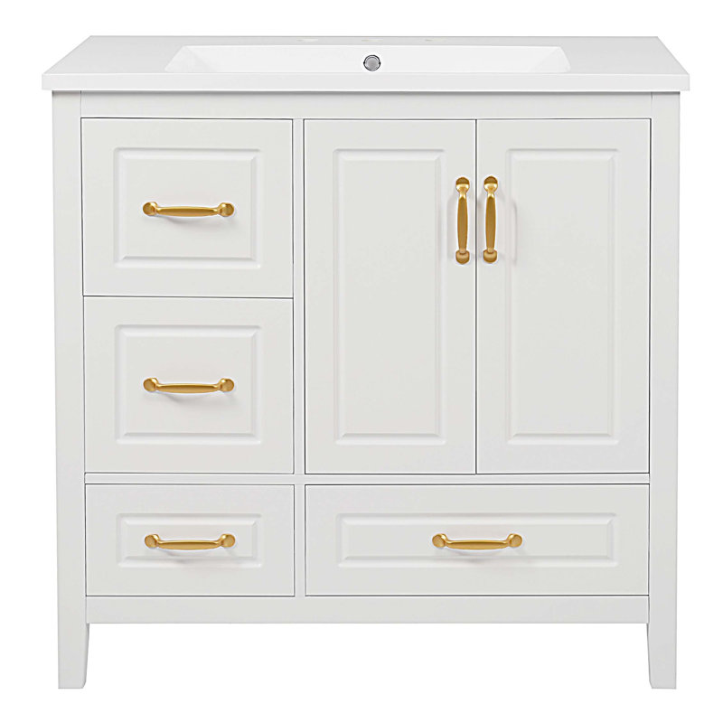 Meuble-lavabo de salle de bain avec lavabo, une armoire avec portes à fermeture douce et 4 tiroirs à fermeture douce, Blanc