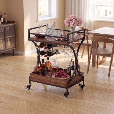 Rolling Bar Cart with Wine Rack & Glass Holder, 2-Tier Mobile Home Bar Serving Cart with Metal Frame for Kitchen, Dining Room & Parties