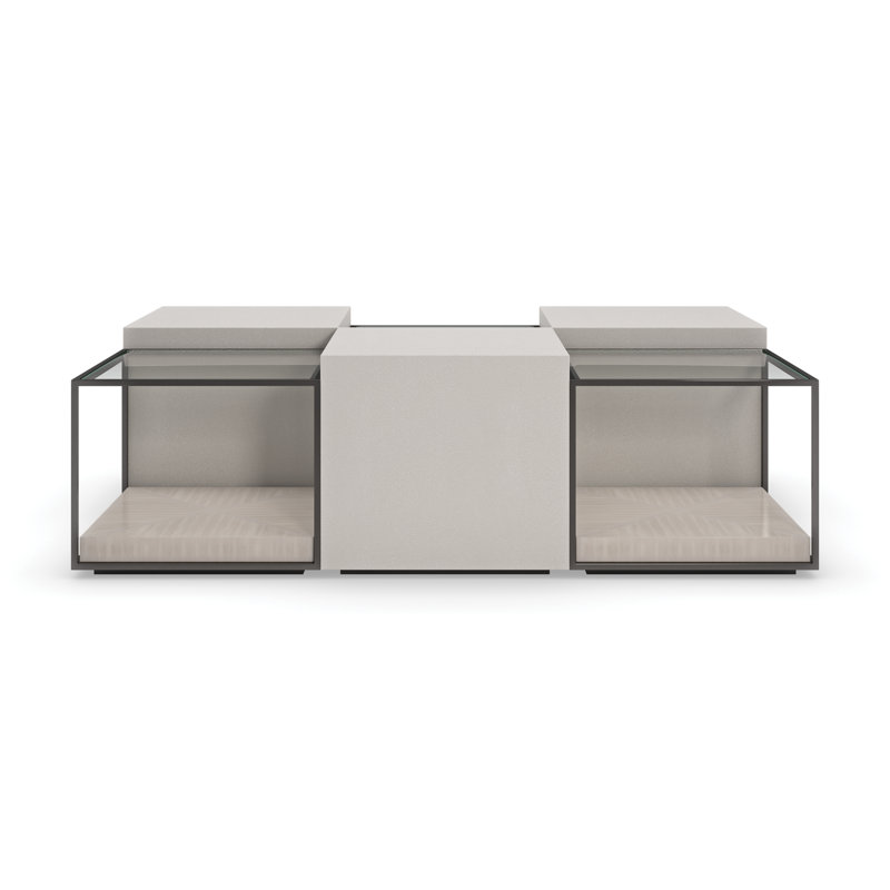 White Faux Shagreen Square Coffee Table with Wood Base
