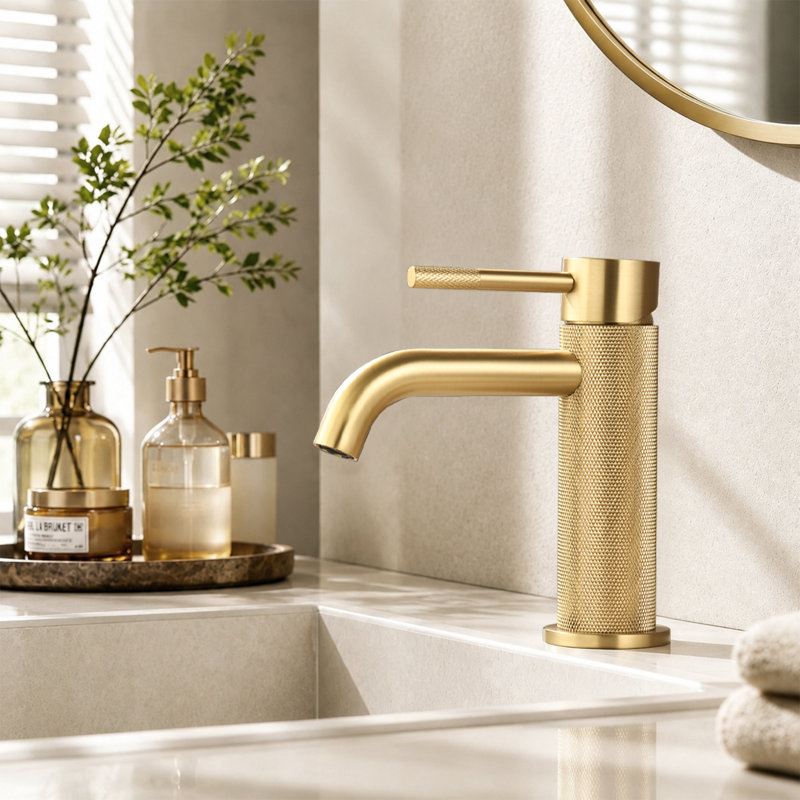 Robinet de lavabo monotrou en nickel brossé avec bec en cascade et bonde escamotable, robinet de meuble-lavabo moderne pour lavabo à entraxe large