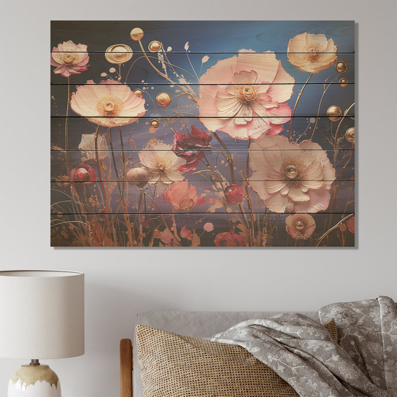 Motif de coquelicots roses et bleus - coquelicots sur bois, H 24 po x l 32 po