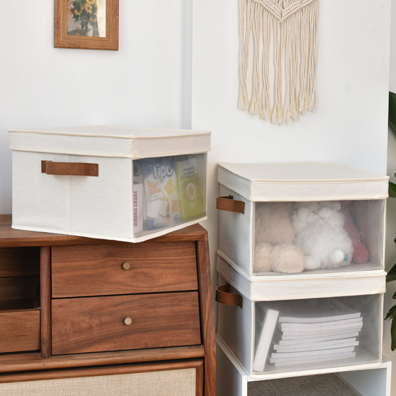 3 Pack Foldable Fabric Bin Set with Lid and Handle, White