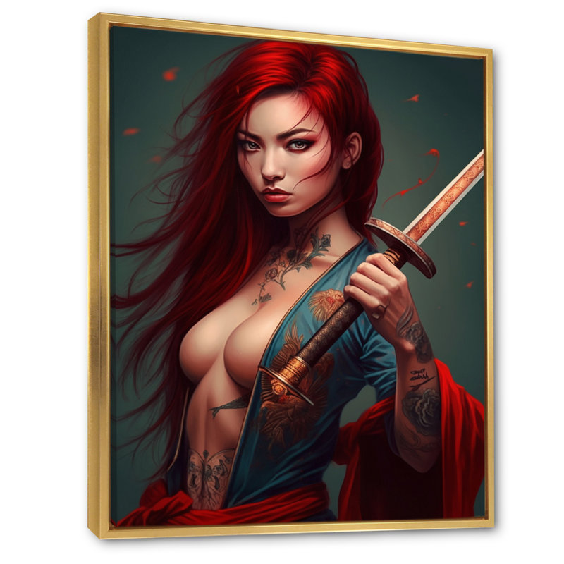 Fierce Samurai Girl III - impression, H 40 po x l 30 po x P 1,5 po, Cadre flottant doré