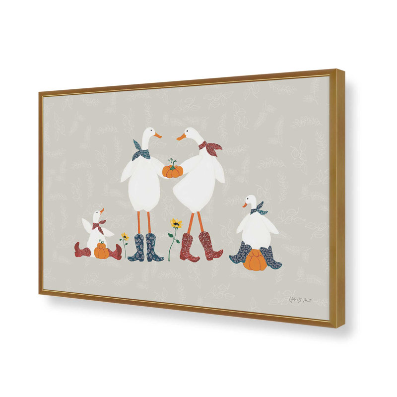 «Ducks in the Pumpkin Patch VI» par Yvette St. Amant, reproduction d'art, H 12 po x l 18 po, Doré