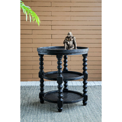Black And Wood Side Table - Turned Leg Design Traditional With Shelves Finish