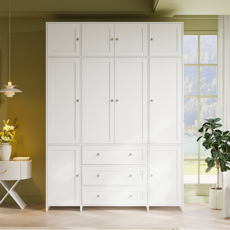 Armoire extra haute de 160 cm de large avec compartiment de rangement supérieur, 3 tiroirs et miroir, grande capacité de rangement grâce à ses étagères, 2 espaces de garde-robe et sa poignée en forme de diamant, idéale pour la chambre.