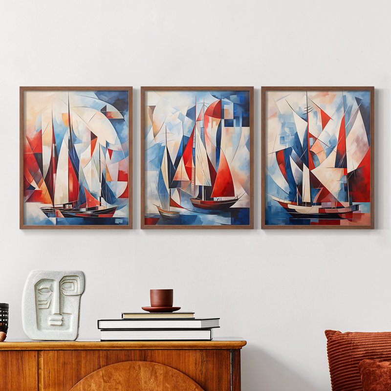 Série Sea and Shore XCV - Ensemble de 3 estampes numériques - Prêt à accrocher, Cadre noyer, H 10 po x l 8 po