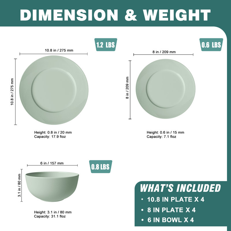  12-piece Green Embossed Mesh Bone China Dinnerware With Lightweight Durable Chip Resistant Design Service For 4