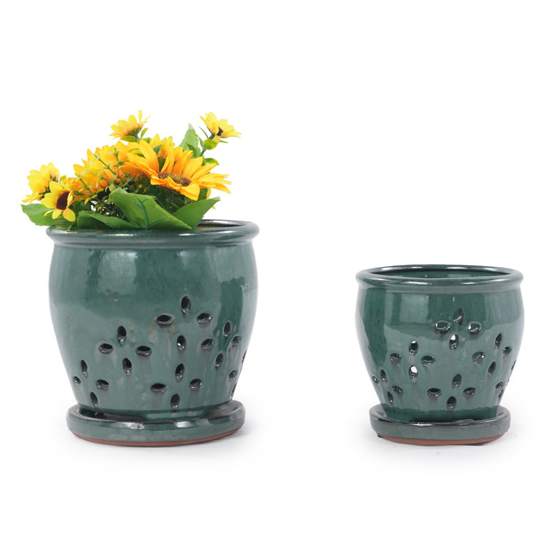  Pots à orchidées avec trou de drainage et soucoupe attachée, 5,9 po et 7,5 po, émeraude, Émeraude - paquet de 2, 2