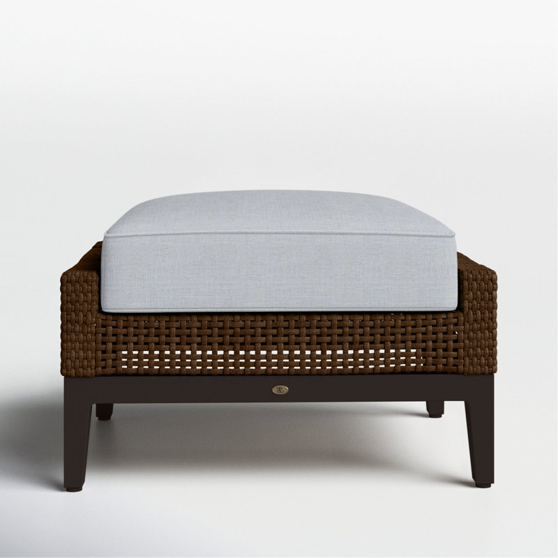 Repose-pieds d'extérieur tissé en osier Peninsule, Welt + bourre standard, Lin chambray, Acajou / châtaignier
