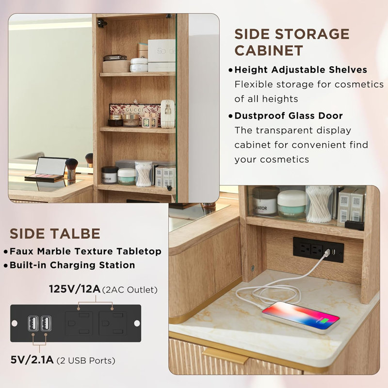 Zadia 48" Makeup Vanity with 36" Lighted Mirror, 4 Dressers & Charging Station & 3 Light Modes