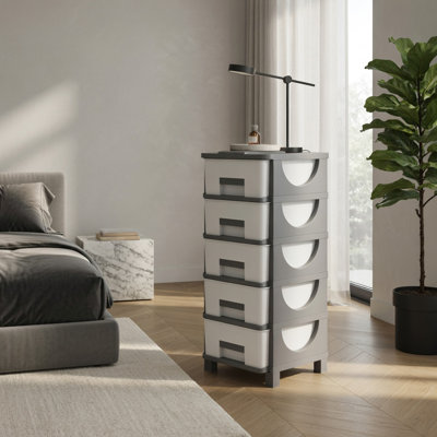 5-Drawer Plastic Storage Organizer with Handles, Compact Vertical Cabinet Side Table for Bedroom, Living Room & Small Spaces, Gray