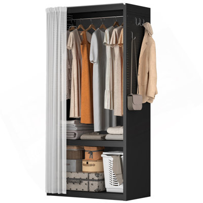 Armoire métallique autoportante avec rideau transparent, tringle amovible, étagère centrale et 4 crochets latéraux, idéale pour organiser vos vêtements dans une chambre, un dressing ou un appartement.