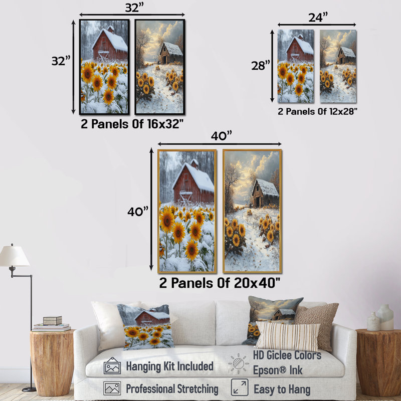 Tournesols par la boîte à outils Frosty I - Collection d'art mural floral 2 panneaux, H 40 po x l 41 po, Cadre flottant blanc
