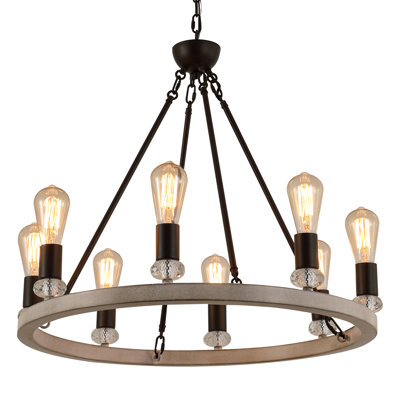 8-Light Wagon Wheel Chandelier, Round Oak White with Iron Finish, Farmhouse Pendant Light for Kitchen, Foyer, Dining Room, UL Listed