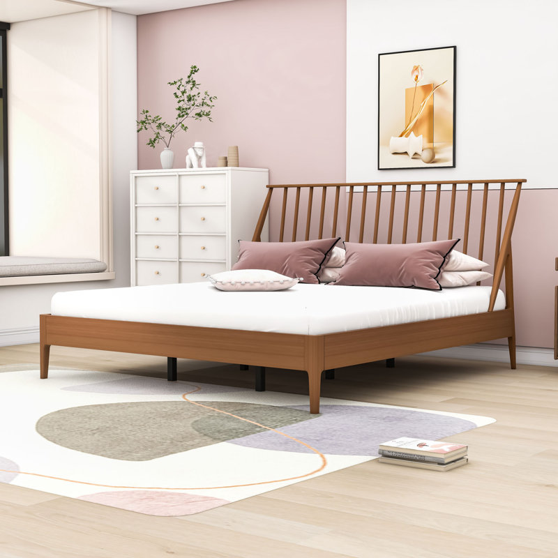 Wood Platform Bed with Headboard, King, Warm Brown