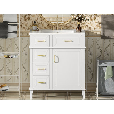 Meuble-lavabo de salle de bain avec lavabo en céramique, tablette réglable, portes à fermeture en douceur, trois tiroirs à fermeture en douceur