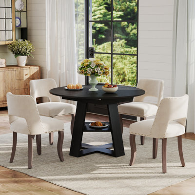 Table de salle à manger extensible ronde pour 4 à 6 personnes, table de salle à manger de style campagnard avec tablette de rangement et chaises de salle à manger rembourrées en tissu