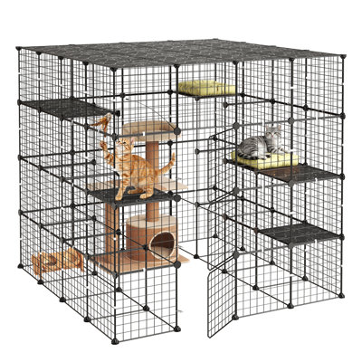 Cat Cage 4-Tier 55"x55"x55" Large DIY Cat Playpen Indoor Enclosure, Detachable Metal Wire Kennel Crate with 3 Doors & Locks, Exercise Place Ideal for 2-3 Cats, Kittens and Small Animals, Black