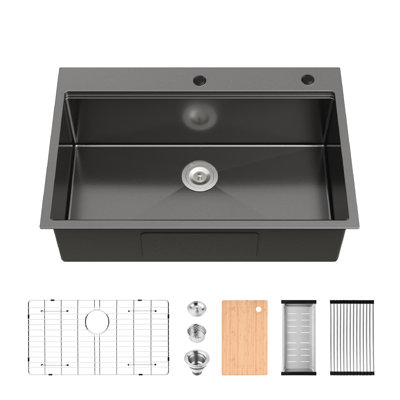 Évier de cuisine en acier inoxydable noir 33 x 22 - poste de travail fait à la main avec procédé de fabrication avancé à condensation réduite de 33 po x 22 po