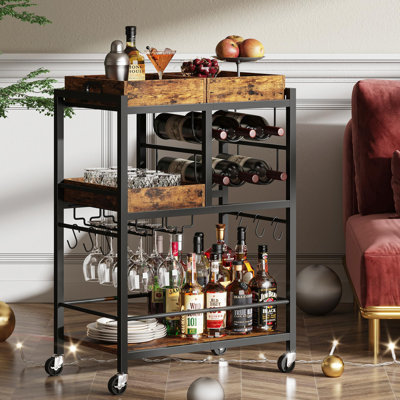 3-Tier Rolling Beverage Cart with Removable Tray, Wine & Glass Holders