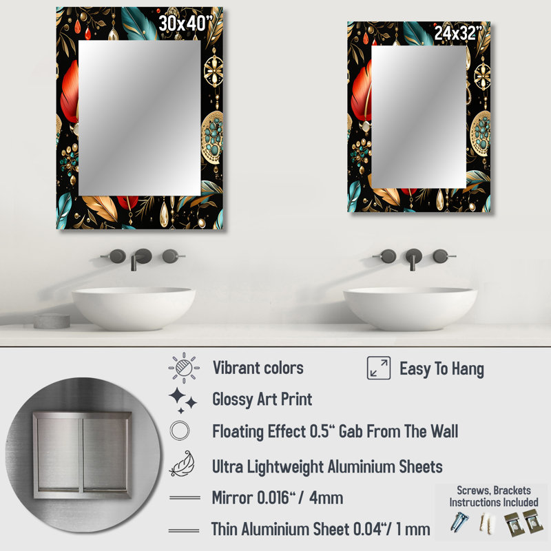 Danuel noir Jewerly Boho Chic - miroir boho unique, floral, grand miroir mural nature, art imprimé en métal, 32 po x 24 po