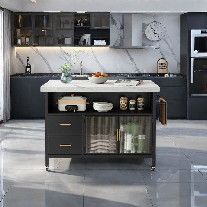 Marble movable kitchen island, metal base material