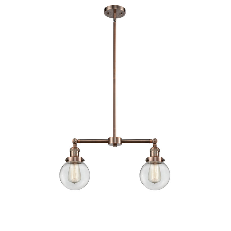 Clementina 2 - Light Kitchen Island Pendant, Clear, 6 Watt Vinage LED Bulb, Antique Copper