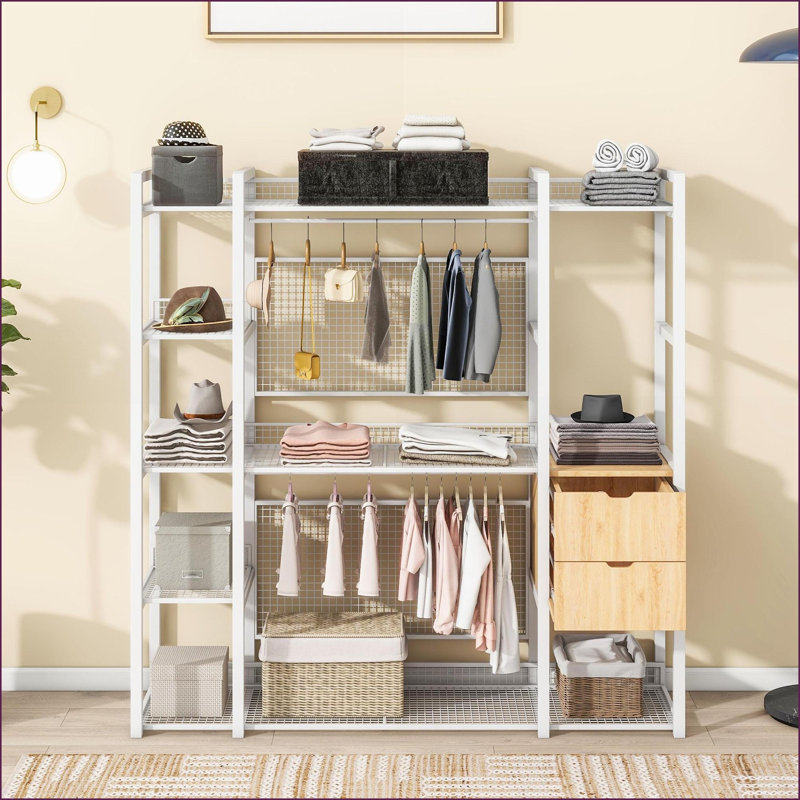 Commodes et amp; Armoires-penderie, garde-robe moderne en métal avec rails suspendus, tablettes et amp; Tiroirs | Blanc | Métal