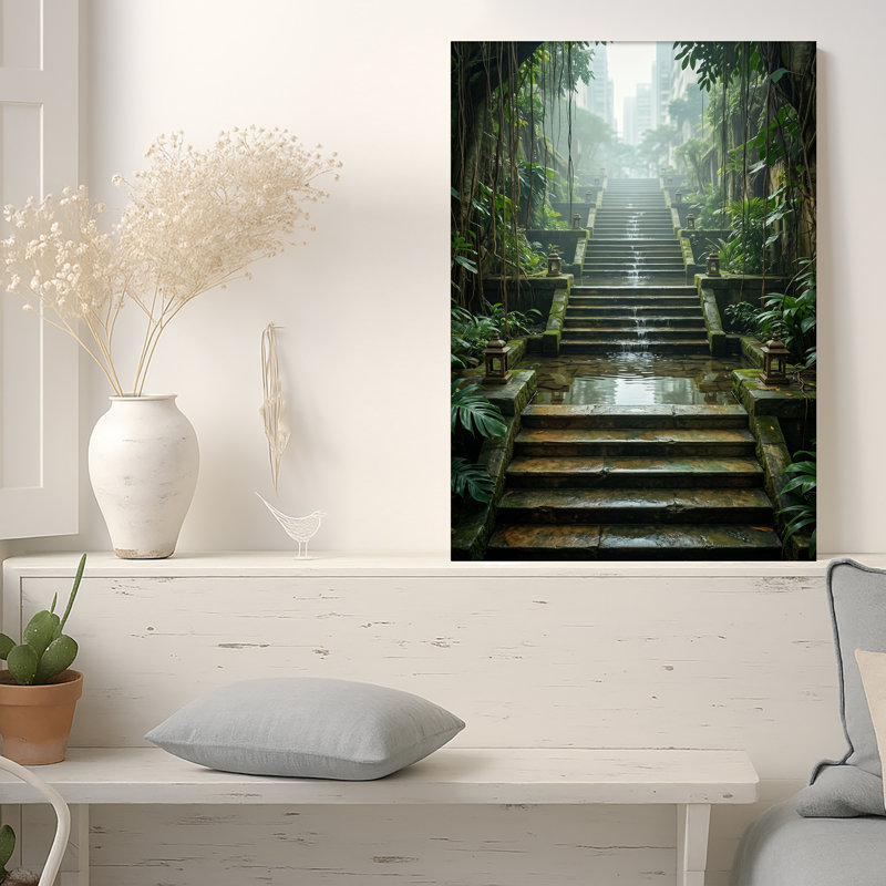 Art mural sur toile, escalier en pierre dans la jungle tropicale à l'horizon de la ville, 48"H x 32"W