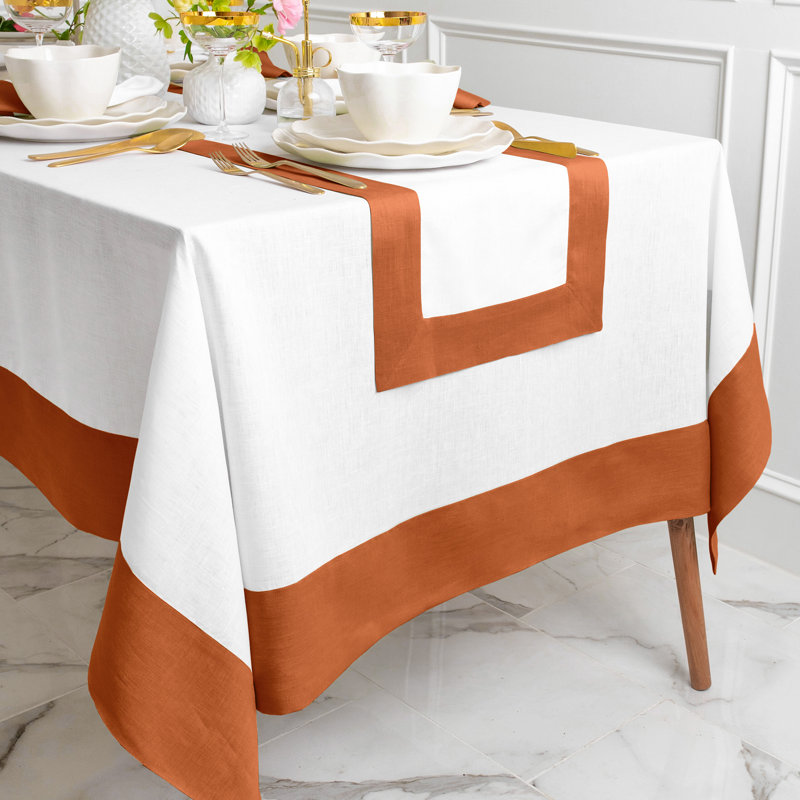 Contempo - 100% Pure Linen Tablecloth, 120" x 60", Cinnamon/White