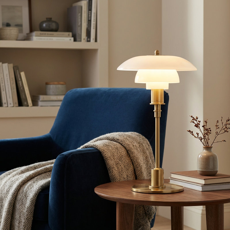 Mid-century Modern Opaline Glass Table Lamp – 1920s Inspired 3-shade Desk Lamp With Brass Finish For Bedroom, Living Room, Or Office