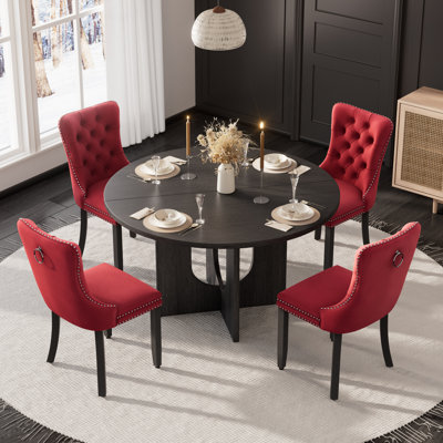 Ensemble de table de salle à manger en bois Farmhouse, table de salle à manger ronde avec chaise de salle à manger en velours capitonné