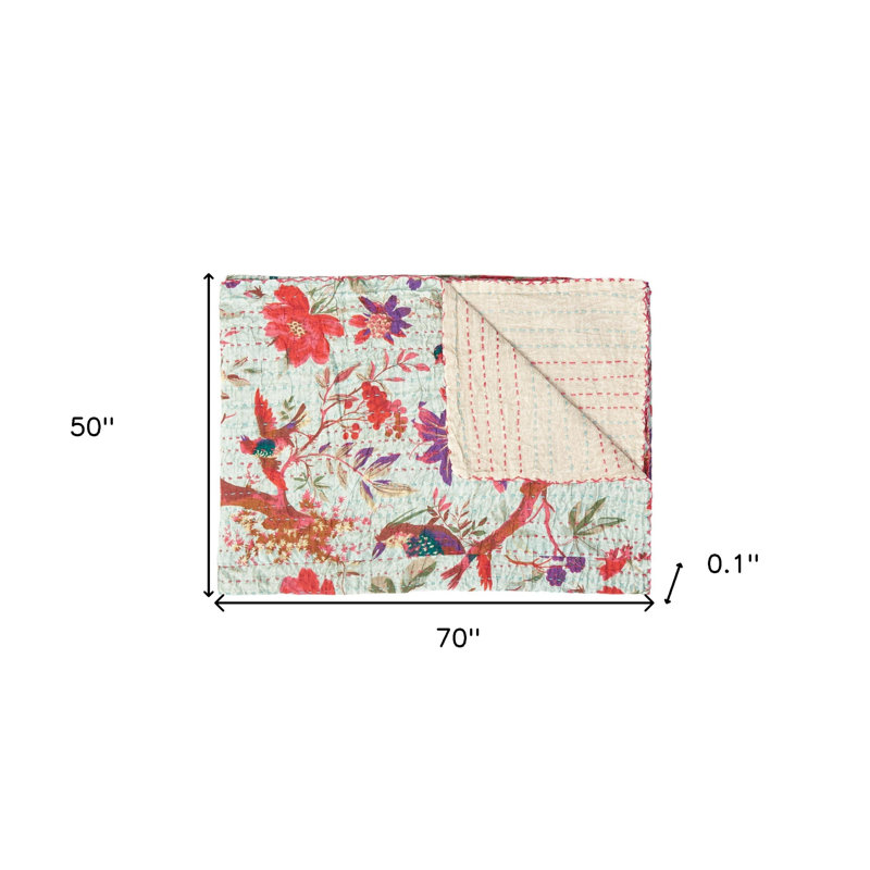 50" x 70" Pink and Ivory Kantha Cotton Floral Embroidered Throw Blanket