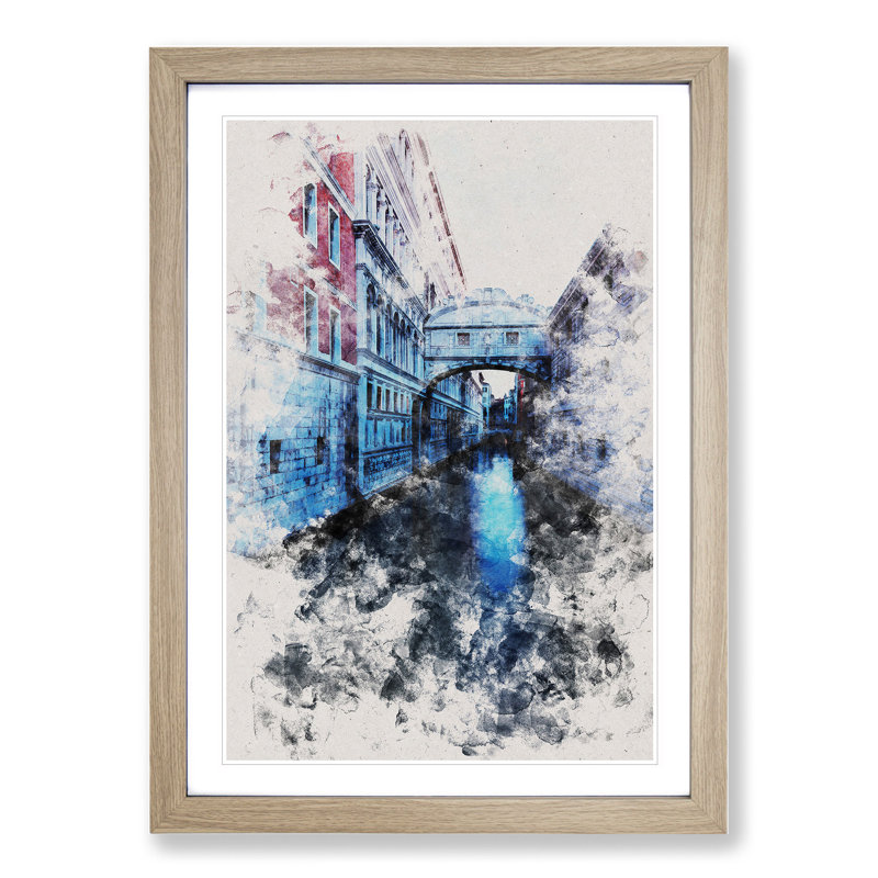 Bridge of Sighs in Venice Italy Watercolour - Picture Frame Graphic Art, 48cm H x 36cm W x 2cm D, Oak