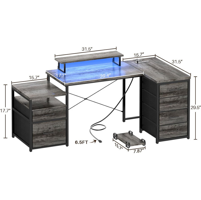 Bernydette Reversible L Shaped Computer Desk with Fabric File Drawers, Corner Desk with RGB LED Lights & Power Outlets & Monitor Stand