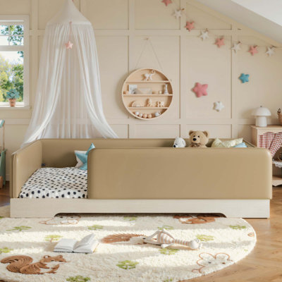 Lit rembourré pour enfants, cadre de lit Montessori en similicuir avec garde-corps amovibles, lit plateforme à profil bas
