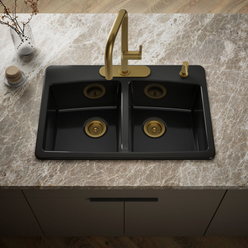 33" L x 22" W x 9-5/8" Top-Mount Double-Equal Kitchen Sink, Black, 4 Hole