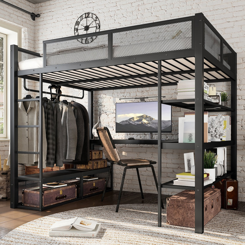 Grand lit mezzanine en métal avec rangement, bureau et tringle à vêtements, conception peu encombrante, sans sommier, noir